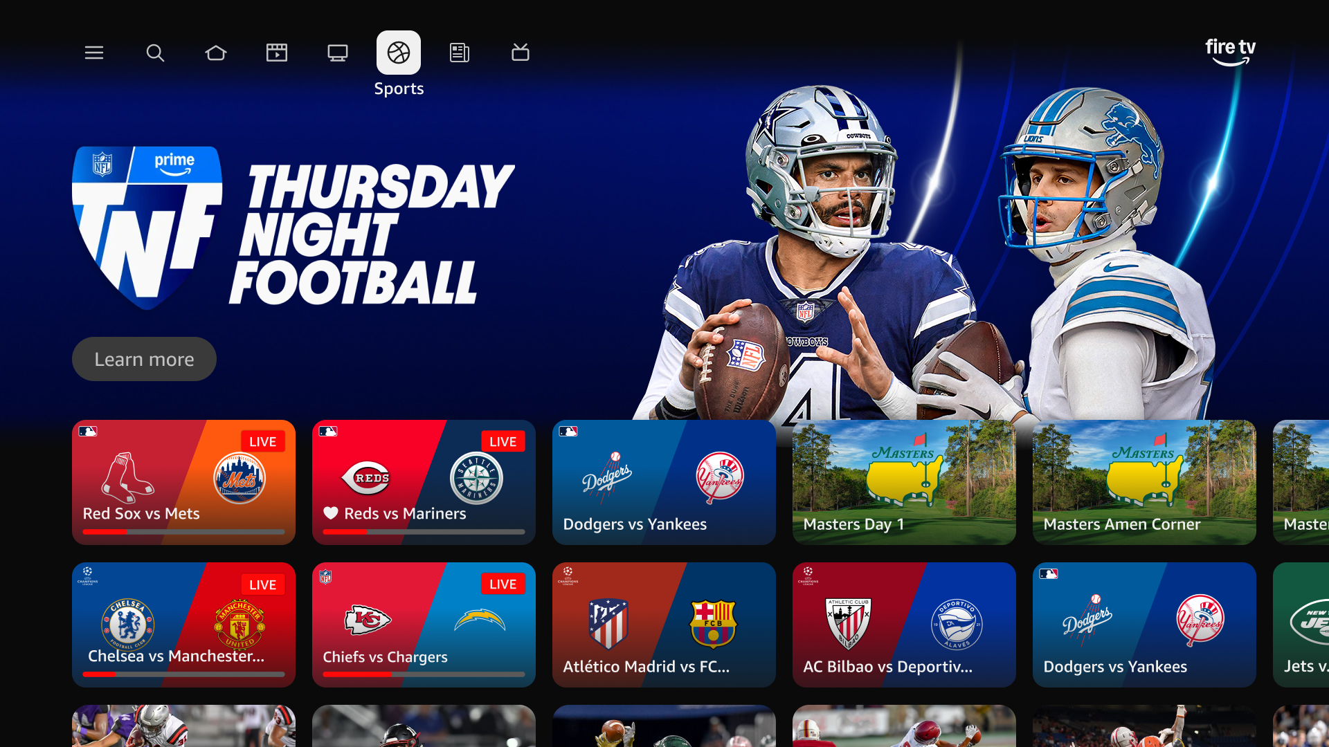 Screenshot of the 2026 Fire TV interface showing a promo for Thursday Night Football