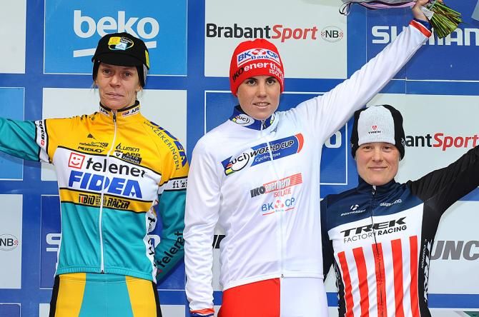 The 2015 Women's UCI World Cup podium: Ellen Van Loy, Sanne Cant and Katie Copmton