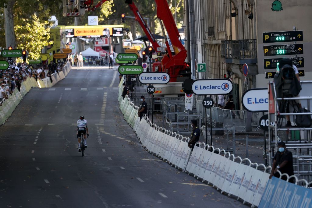 The right part of the road is closed to the public as a saecurity measure against the novel Coronavirus Covid19 pandemic at the arrival of the 14th stage of the 107th edition of the Tour de France cycling race 197 km between ClermontFerrand and Lyon on September 12 2020 Photo by KENZO TRIBOUILLARD AFP Photo by KENZO TRIBOUILLARDAFP via Getty Images