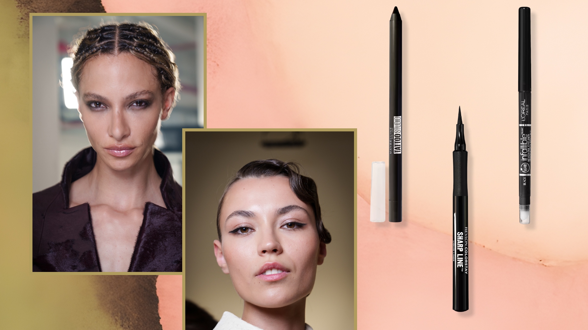 two models wearing eyeliner next to drugstore eyeliners on a watercolor pink and olive green background