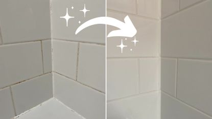 A composite image of grout before and after it was cleaned, demonstrating how to clean grout in a bathroom