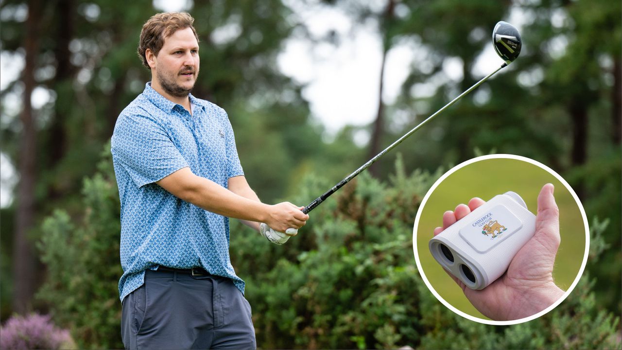 An image of Nick Bonfield lining up a shot with an inset image of the Shot Scope Pro X rangefinder