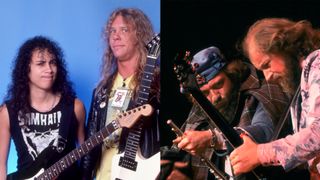LEFT: Kirk Hammett (left) and James Hetfield pose for a studio portrait during the Damage, Inc. Tour on April 5, 1986 at the UIC Pavilion in Chicago, Illinois. RIGHT: Ian Anderson, left, and Martin Barre of Jethro Tull perform at the Poplar Creek Music Theater In Hoffman Estates, Illinois, September 12, 1982.