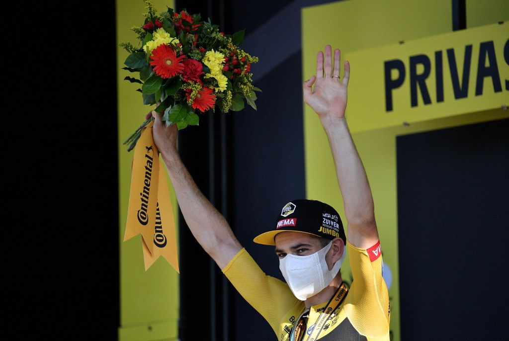 PRIVAS FRANCE SEPTEMBER 02 Podium Wout Van Aert of Belgium and Team Jumbo Visma Celebration during the 107th Tour de France 2020 Stage 5 a 183km stage from Gap to Privas 277m TDF2020 LeTour on September 02 2020 in Privas France Photo by AnneChristine Poujoulat PoolGetty Images