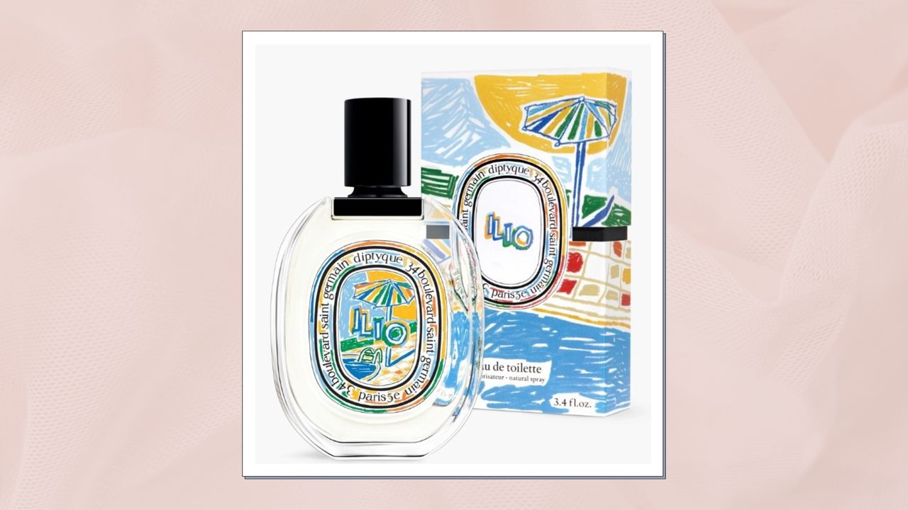 A close up of Diptyque&#039;s Ilio eau de toilette, pictured alongside it&#039;s illustrated box and in a light pink template