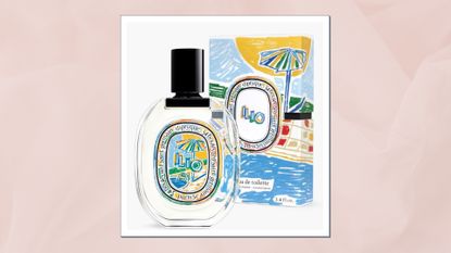 A close up of Diptyque's Ilio eau de toilette, pictured alongside its illustrated box and in a light pink template