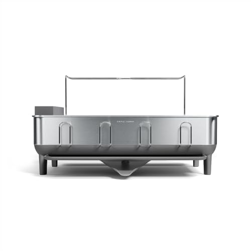 Simplehuman Steel Frame Dishrack, Large Capacity Dish Drying Rack, 360&amp;ordm; Easy Drain Swivel Spout, Utensil &amp;amp; Wine Glass Holder, Anti-Residue Coating, Moisture Control Surface, Brushed Stainless Steel