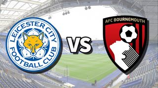 The Leicester City and AFC Bournemouth club badges on top of a photo of The King Power Stadium in Leicester, England