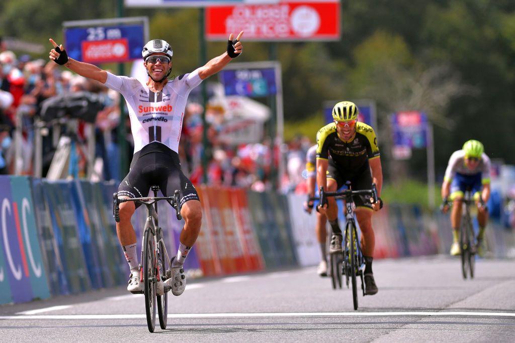 PLOUAY FRANCE AUGUST 25 Arrival Michael Matthews of Australia and Team Sunweb Celebration Luka Mezgec of Slovenia and Team Mitchelton Scott during the 84th Bretagne Classic OuestFrance 2020 a 2478km race from Plouay to Plouay GrandPrixPlouay GPPlouay on August 25 2020 in Plouay France Photo by Luc ClaessenGetty Images