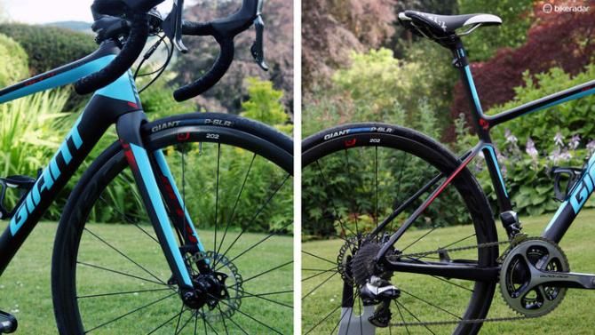 Giant claims that the new Defy Advanced SL is built on a lighter-weight chassis (frame, fork, headset, seatpost/ISP, and associated hardware) than the Specialized S-Works Roubaix SL4 Disc, Trek Domane Disc 6.9, and Cannondale Synapse Hi-Mod Disc. In addition, Giant claims its new bike is stiffer than all of those competitors while also delivering a measurably smoother ride than all but the Cannondale