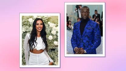 Maya Jama and Stormzy pictured in a two picture, pink and purple template. Maya wears a white dress and Stormzy a blue flower suit