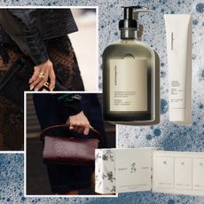 women holding bags with moisurized hands on a soapy background with a collage of hand wash and hand balm gift sets