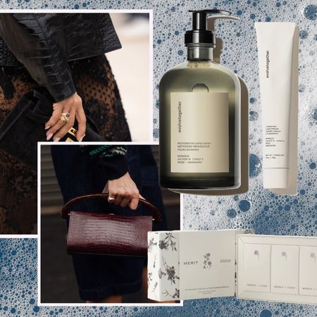 women holding bags with moisurized hands on a soapy background with a collage of hand wash and hand balm gift sets