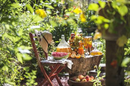 tree stump ideas table made from tree stump covered with a picnic and chairs either side