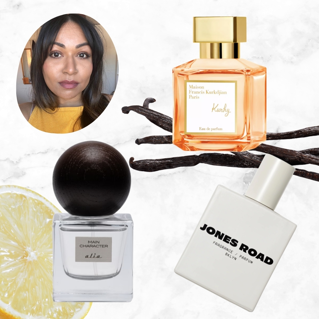 Digital Beauty Ecomm Editor, Aleesha Badkar, pictured alongside product shots of the Alia Main Character perfume, the Maison Francis Kurkdjian Kurky Eau de Parfum and the Jones Road BKLYN perfume/ on a white and grey marbled template with lemon and vanilla stock images - to reflect the perfume notes