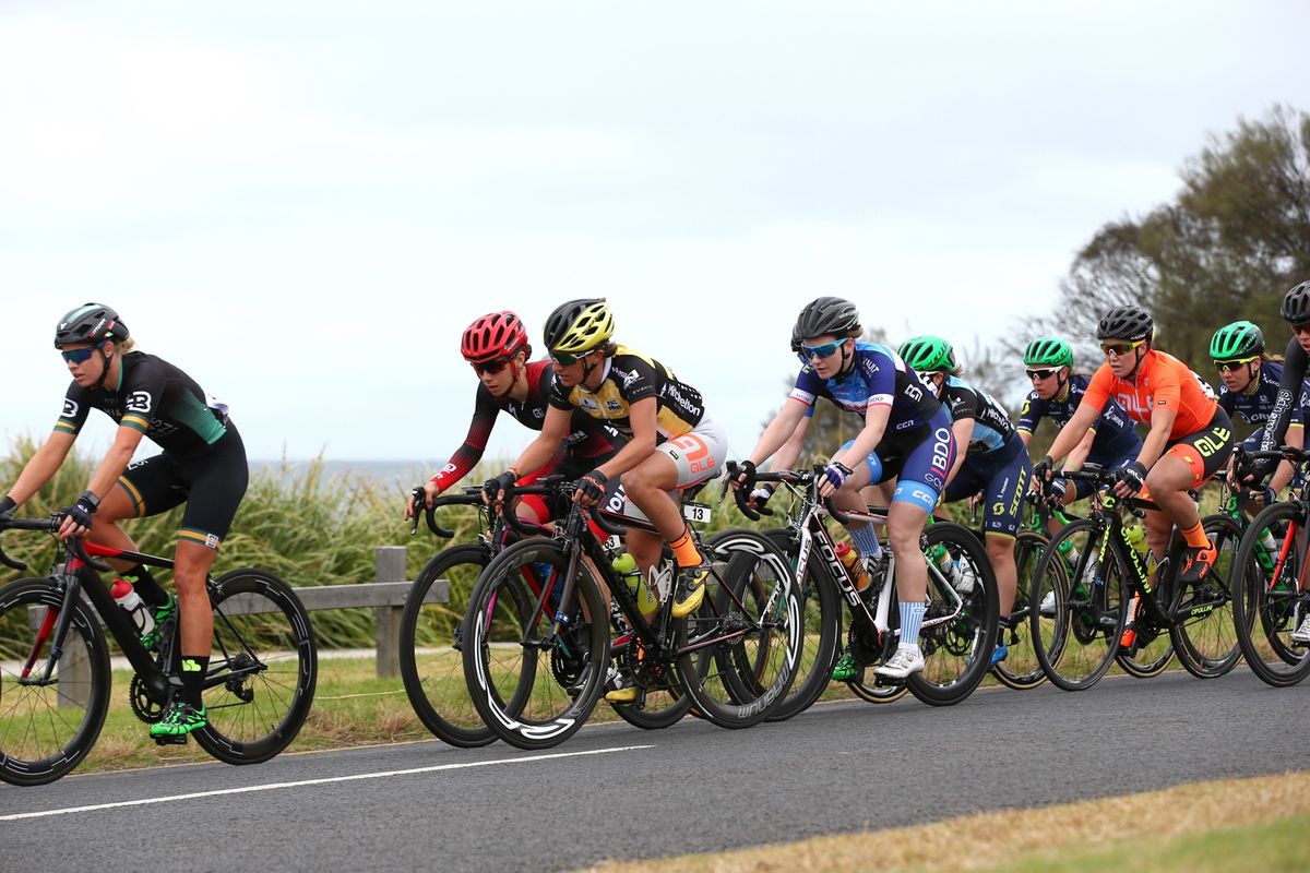 Peta Mullens sits just in front of the peloton during race day 2