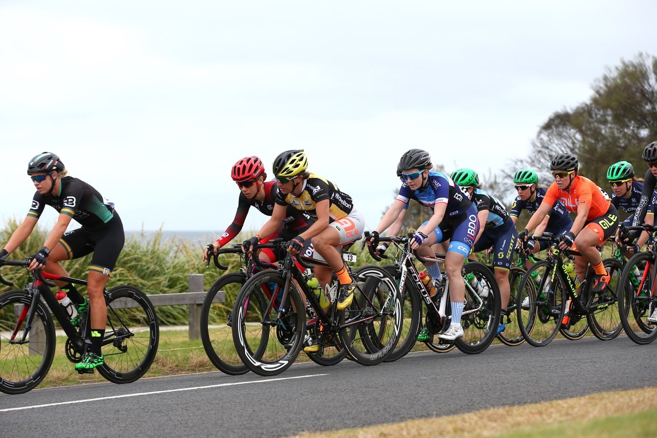 Peta Mullens sits just in front of the peloton during race day 2