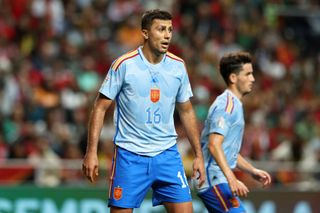 Rodri of Spain looks on during the UEFA Nations League League A Group 2 match between Portugal and Spain at Estadio Municipal de Braga on September 27, 2022 in Braga, Portugal.