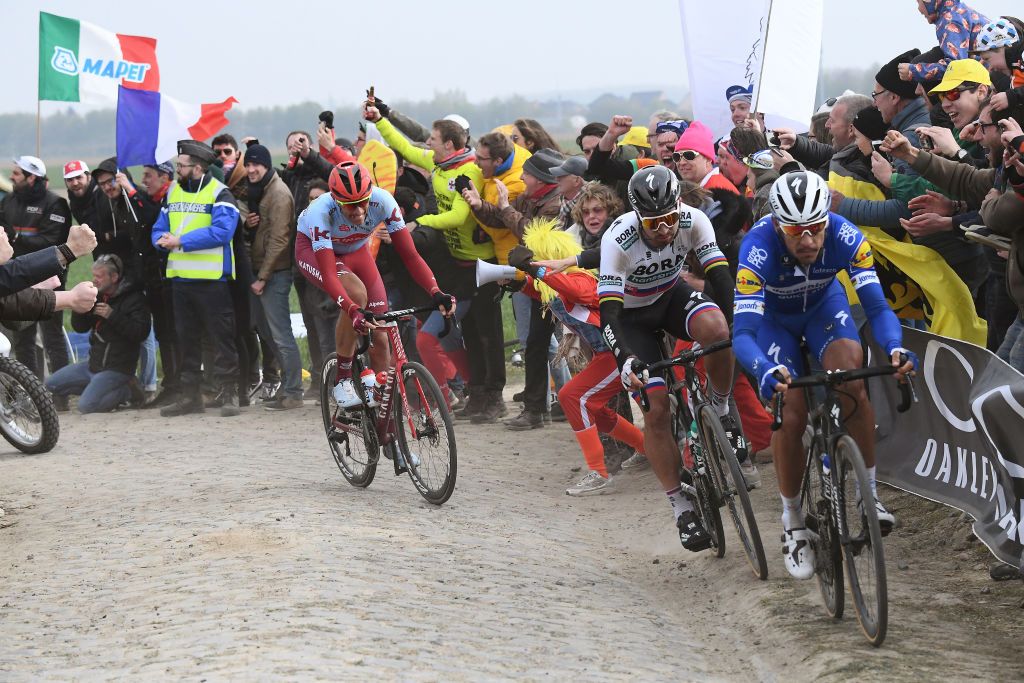 ROUBAIX FRANCE APRIL 14 Philippe Gilbert of Belgium and Team DeceuninckQuickStep Peter Sagan of Slovakia and Team BORA hansgrohe Nils Politt of Germany and Team KatushaAlpecin during the 117th ParisRoubaix a 257km race from Compigne to Roubaix ParisRoubaix ParisRoubaix PRBX LEnfer du Nord on April 14 2019 in Roubaix France Photo by Stephane ManteyPoolGetty Images