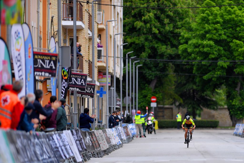 VILLARCAYO SPAIN MAY 21 Anastasia Chursina of Russia and Ale Btc Ljubljana Team celebrates at arrival during the 6th Vuelta A Burgos Feminas 2021 Stage 2 a 97km stage from Pedrosa de Valdeporres to Villarcayo VueltaBurgos BurgosFem UCIWWT on May 21 2021 in Villarcayo Spain Photo by Luc ClaessenGetty Images