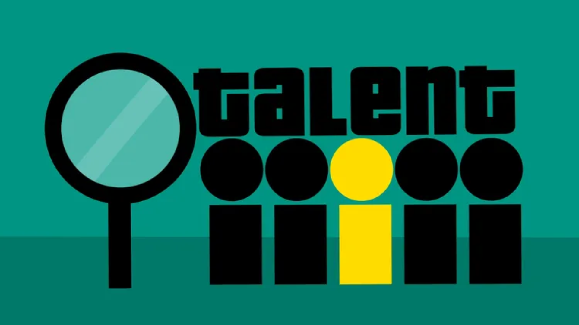 A cartoon showing four black stick figures and one yellow one highlighted next to a magnifying glass, all beneath the word 'Talent'