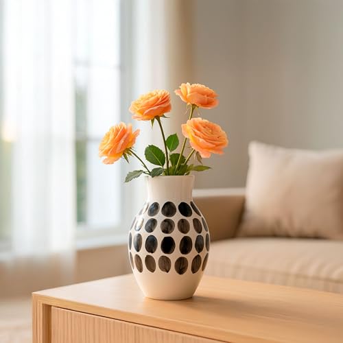Decorative Flower Vase for Home Decor &amp;ndash; Modern Ceramic Accent With Black Polka Dots, Stylish Flower Vases for Centerpiece on Dining Table, Shelf &amp;ndash; Small Ceramic Vase &amp;ndash; 10", White