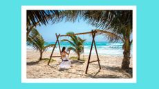 What is wanderlove? Pictured: woman on a swingset on the beach by herself in a white outfit