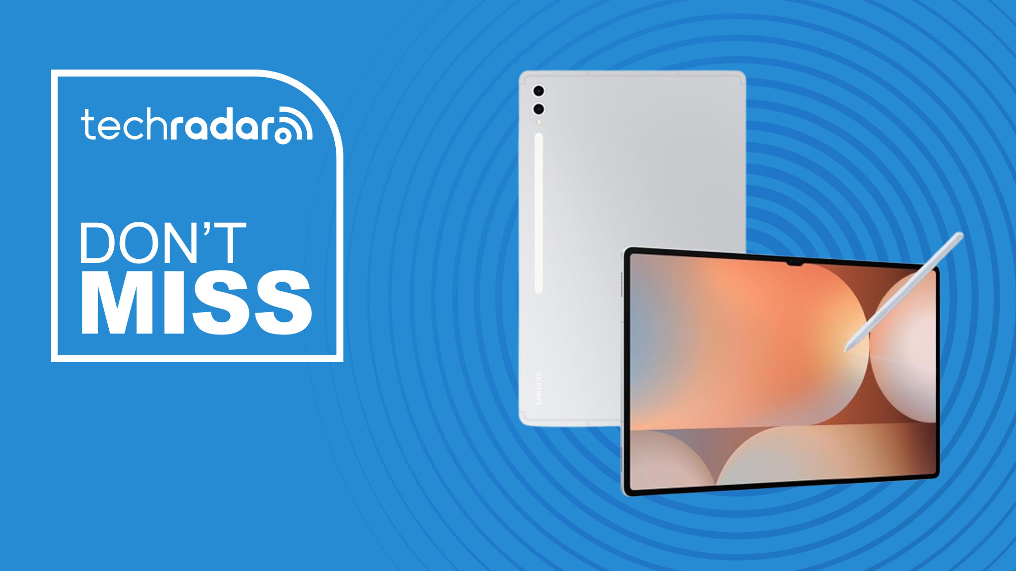 The Samsung Galaxy Tab S10 Ultra on a blue background with text saying Don't Miss.