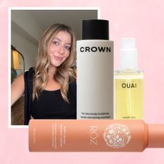 samantha Holender on a pink background next to products for fine hair from crown affair ouai and roz 