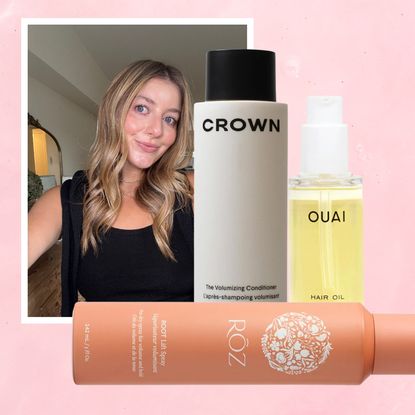 samantha Holender on a pink background next to products for fine hair from crown affair ouai and roz 