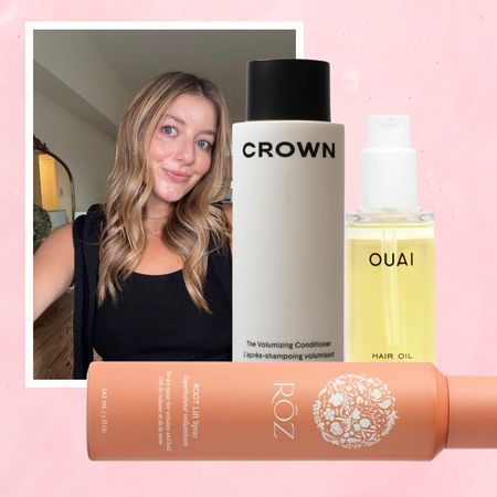 samantha Holender on a pink background next to products for fine hair from crown affair ouai and roz 