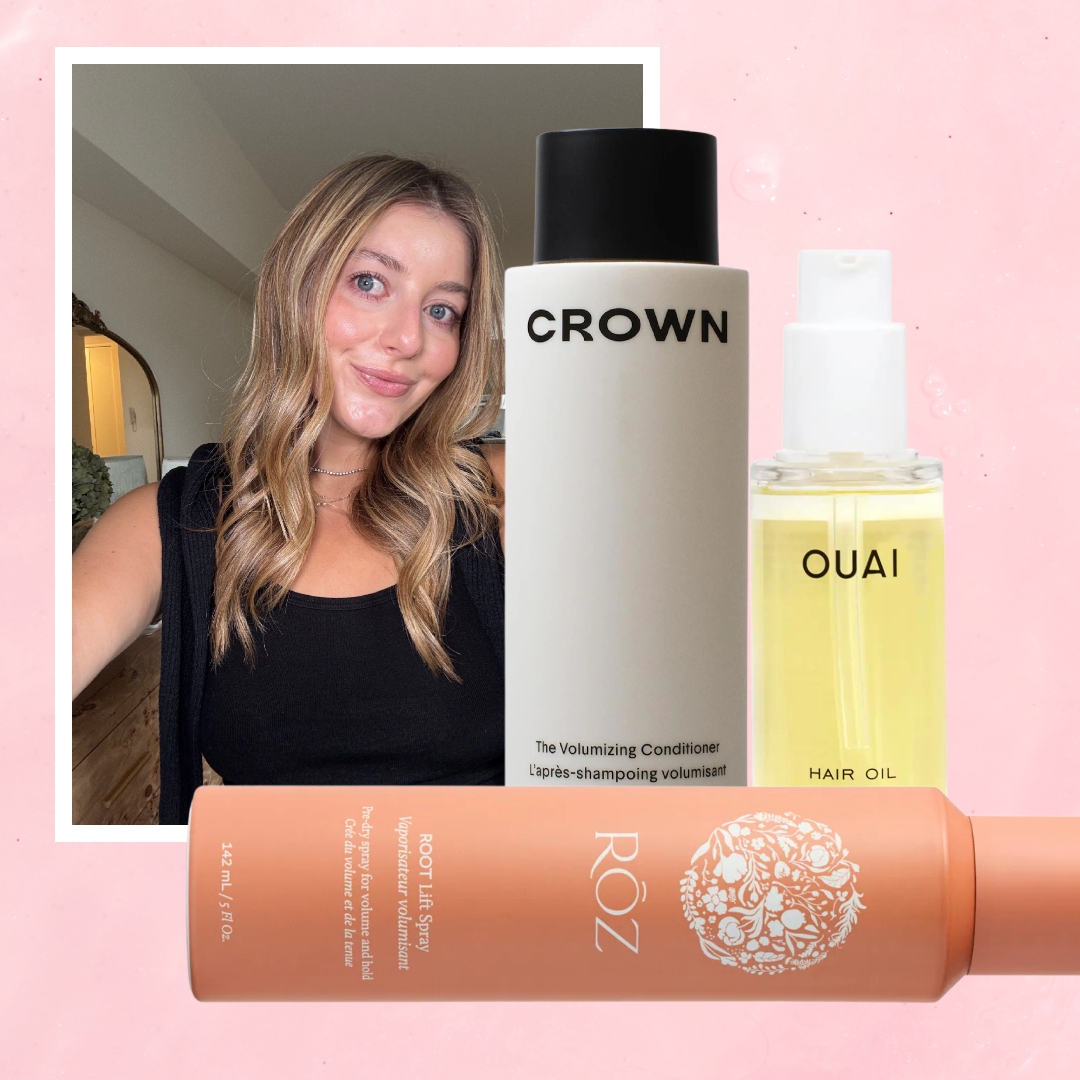 samantha Holender on a pink background next to products for fine hair from crown affair ouai and roz 