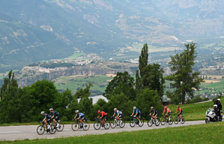 ISOLA 2000, FRANCE - JULY 19: (L-R) Wilco Kelderman of Netherlands, Matteo Jorgenson of The United States and Team Visma | Lease a Bike, Ilan Van Wilder of Belgium and Team Soudal Quick-Step, Cristian Rodriguez Martin of Spain and Team Arkea - B&B Hotels, Oscar Onley of The United Kingdom and Team dsm-firmenich PostNL, Nicolas Prodhomme of France and Decathlon AG2R La Mondiale Team, Jai Hindley of Australia and Team Red Bull – BORA – hansgrohe, Richard Carapaz of Ecuador and Team EF Education - EasyPost and Simon Yates of The United Kingdom and Team Jayco AlUla compete in the breakaway climbing to the Guillestre (1050m) during the 111th Tour de France 2024, Stage 19 a 144.6km stage from Embrun to Isola 2000 - (2022m) / #UCIWT / on July 19, 2024 in Isola 2000, France. (Photo by Tim de Waele/Getty Images)