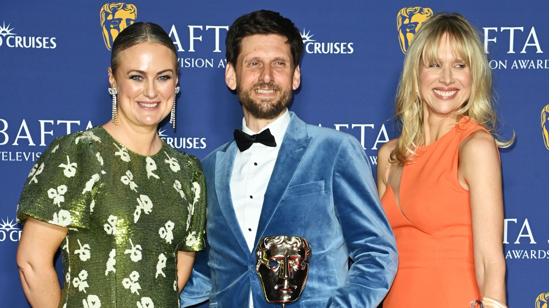 Philipa Dunne, Laurence Rickard and Lucy Punch, winners of the Scripted Comedy award for "Amandaland", pose in the winners room at the 2026 BAFTA Television Awards on May 10, 2026 in London