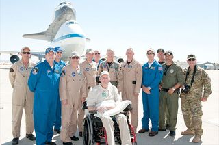 NASA astronaut and research test pilot Gordon Fullerton, as seen with the crew of the NASA 747 Shuttle Carrier aircraft during its final ferry flight in October 2012.