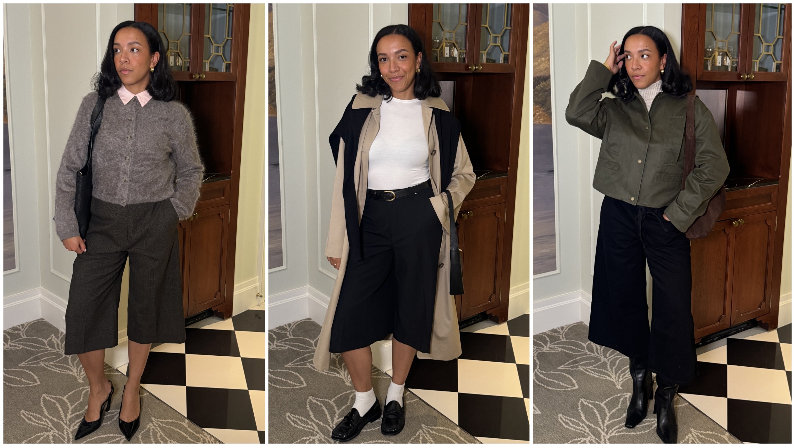 collage of Lauren Tappan wearing culottes 
