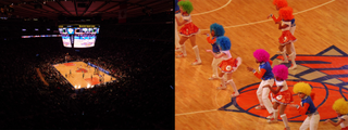 Left: My view of the courts without any zoom. Right: A shot of performers on the court zoomed in all the way.