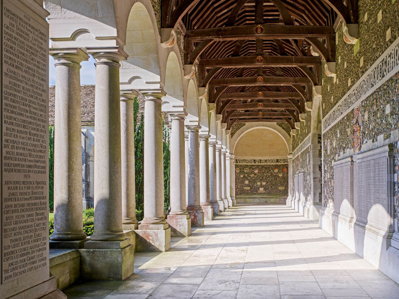 Fig 1: The serene 1922–24 War Cloister, designed by Herbert Baker, fine classical detail meeting an Arts-and-Crafts spirit. Winchester College, Hampshire. Photographed by Paul Highnam for Country Life.