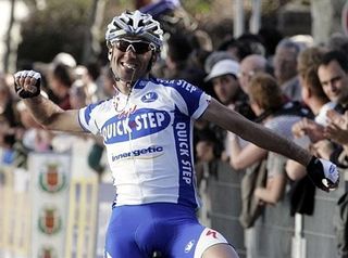 Carlos Barredo (Quick Step) punches the air as he wins the stage after a brilliant solo attack from the five-man break.