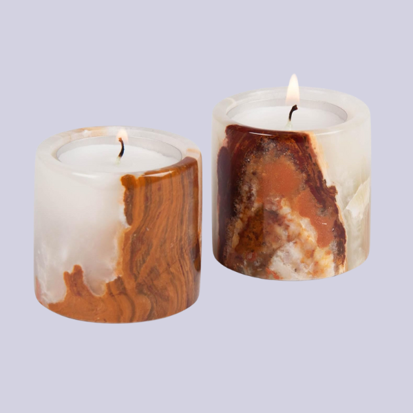 British Fossils, Set of 2 Onyx Marble Tea Light Holders