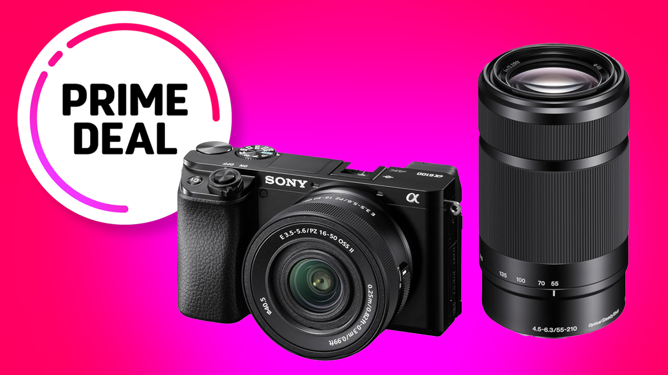 A Sony A6100 camera with a zoom lens on a bright pink background, labeled "Prime Deal."