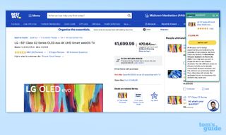 A screenshot of the Amazon Assistant browser extension being used to compare the price of an LG C2 OLED TV with Best Buy