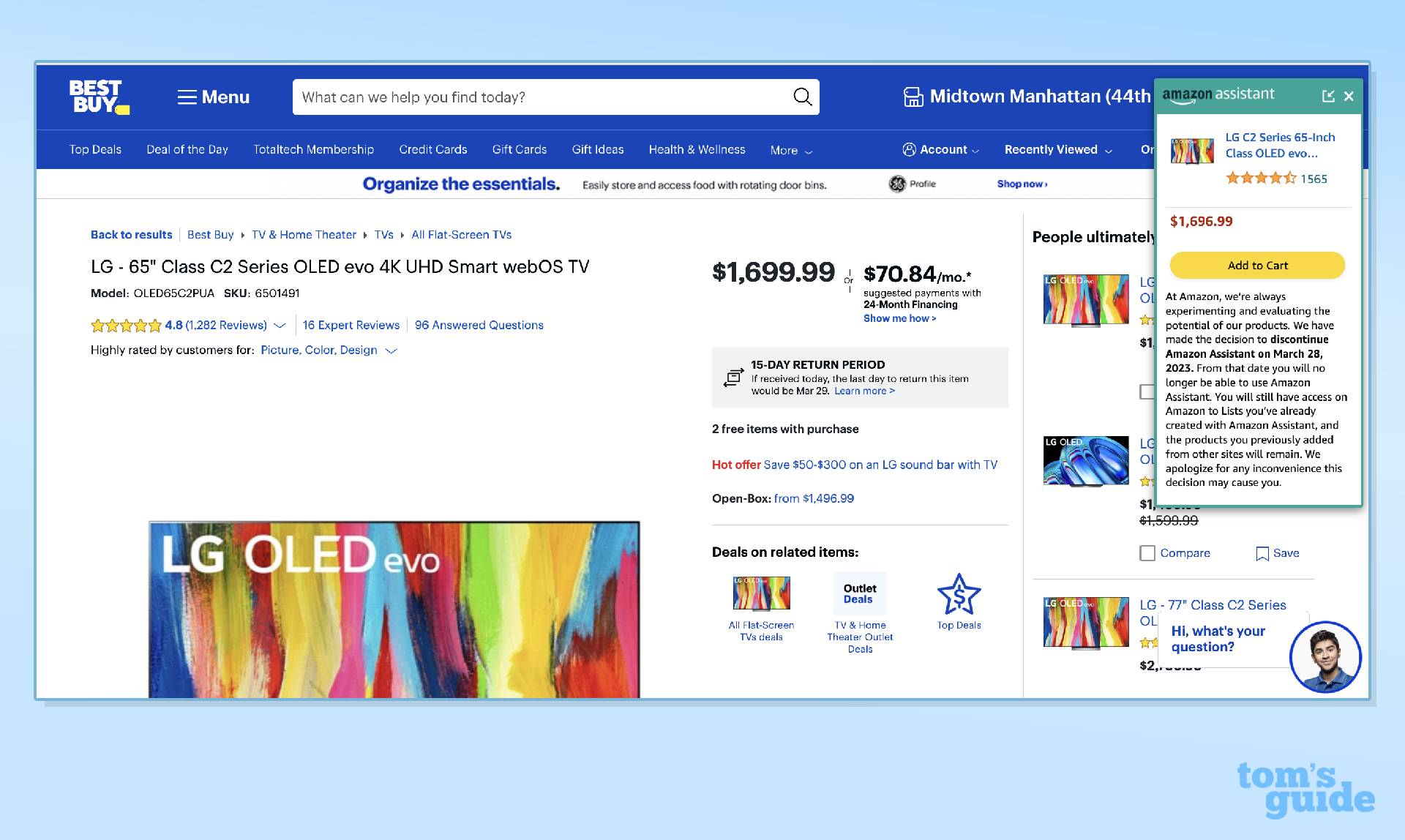 Ein Screenshot der Browsererweiterung Amazon Assistant, die verwendet wird, um den Preis eines LG C2 OLED-Fernsehers mit Best Buy zu vergleichen