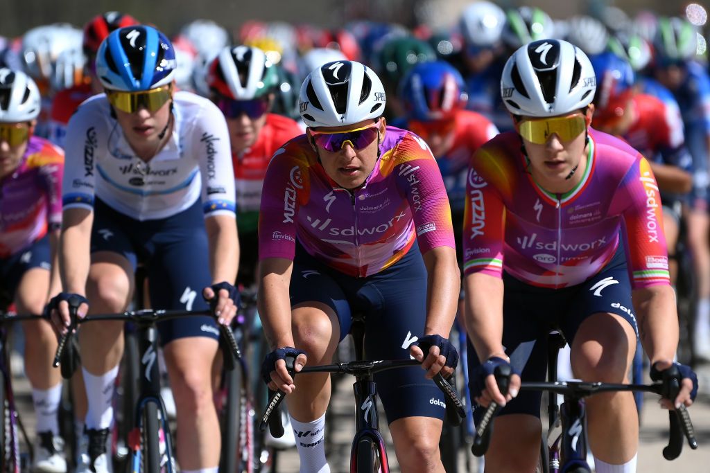 VINUESA SPAIN MAY 03 LR Barbara Guarischi of Italy and Team SD Worx Protime competes during the 10th La Vuelta Femenina 2024 Stage 6 a 1321km stage from Tarazona to La Laguna Negra Vineuesa 1722m UCIWT on May 03 2024 in Vineuesa Spain Photo by Alex BroadwayGetty Images