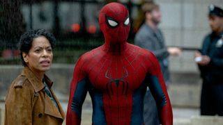 Tom Holland as Spider-Man and Liza Colón-Zayas as Detective Jean DeWolff in Spider-Man Brand New Day