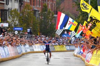 LEUVEN BELGIUM SEPTEMBER 26 Julian Alaphilippe of France celebrates at finish line as race winner during the 94th UCI Road World Championships 2021 Men Elite Road Race a 2683km race from Antwerp to Leuven flanders2021 on September 26 2021 in Leuven Belgium Photo by Luc ClaessenGetty Images