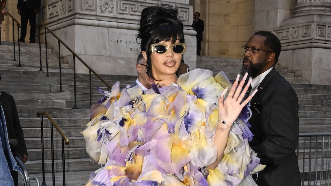 Cardi B in a floral getup at the Marc Jacobs Fall 2024 show in New York City July 2024