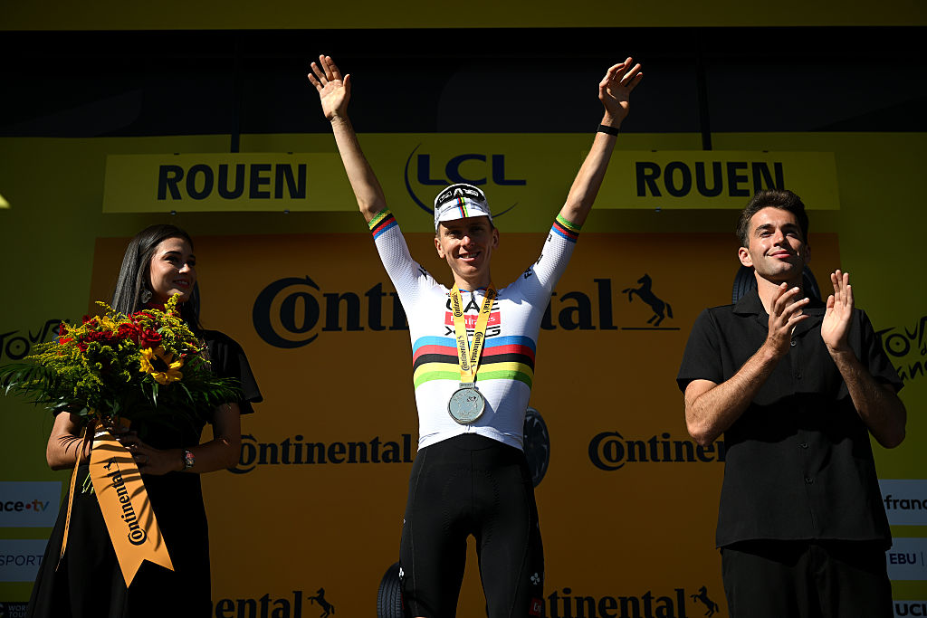 ROUEN, FRANCE - JULY 08: Tadej Pogacar of Slovenia and UAE Team Emirates - XRG celebrates at podium as stage winner during the 112th Tour de France, Stage 4 a 174.2km stage from Amiens Metropole to Rouen / #UCIWT / on July 08, 2025 in Rouen, France. (Photo by Dario Belingheri/Getty Images)