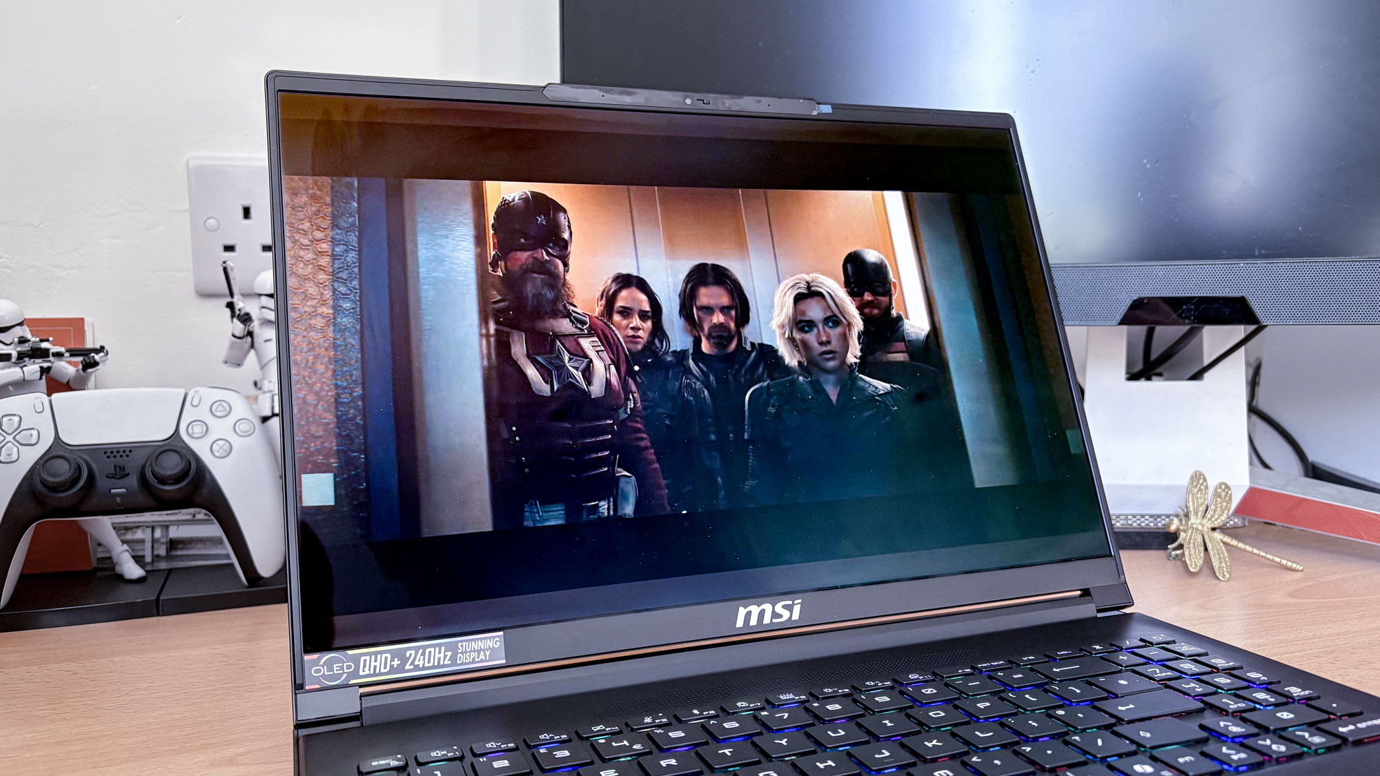 MSI Stealth A16 AI+ with Thunderbolts movie on display
