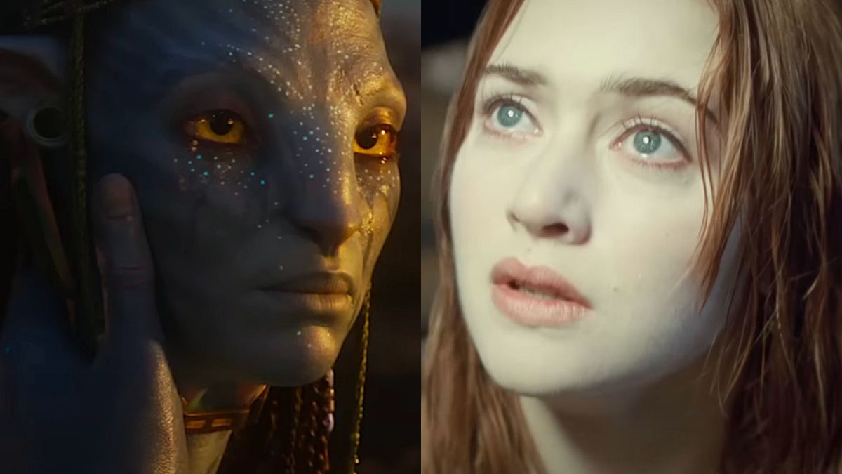 Neytiri (Zoe Saldaña) cries after her son&#039;s death in Avatar: The Way of Water and Rose DeWitt Bukater (Kate Winslet) looks for help in Titanic 